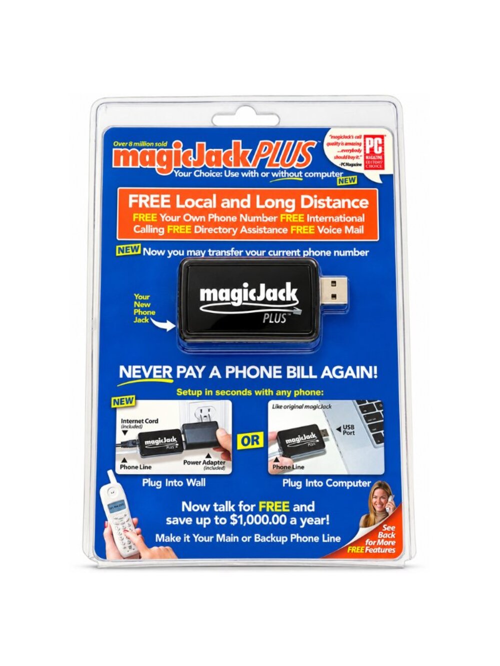magicJack Plus USB Ethernet VoIP Phone Adapter Internet Calling Black New Sealed